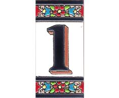 TORO DEL ORO Números casa. Numeros y Letras en azulejo Ceramica esmaltada, Pintados a Mano técnica Cuerda Seca. Nombres y direcciones. Diseño Flor Mediana 5,5x10,5 cm (Número uno1)