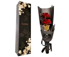 Ramo Flores Rosa Chapada en Oro, Ramo Rosa Artificiales de Papel Oro con Caja de Regalo, Regalo Ideal para el día de San Valentín, día de la Madre, Aniversario, cumpleaños, Navidad, decoración (Rojo)