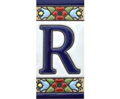 Letreros con numeros y letras en azulejo de ceramica, pintados a mano en técnica cuerda seca para nombres y direcciones. Texto personalizable. Diseño FLORES MINI 7,3 cm x 3,5 cm. (LETRA "R")