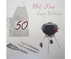 White Cotton Cards SB7-50 de Utensilios de Barbacoa King, 50 Feliz cumpleaños Hecho a Mano 50th cumpleaños con Texto en inglés, Blanco