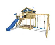 WICKEY Parque infantil de madera Smart Coast con columpio y tobogán azul, Casa de juegos de jardín con arenero y escalera para niños