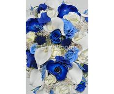 Llamativo azul Artificial Anémonas, cardo y hortensia ramo de novia con marfil Callas y rosas