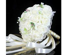 Boda Nupcial Cristal Perla Seda Satín Artificial Ramo Rosa Flor Seda Cintas Hecho a Mano Blanco