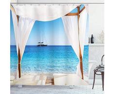 Cortina de ducha balinesa Playa a través de la cama balinesa Sol de verano Cielo despejado Luna de miel Spa natural Tela de tela Decoración de baño con ganchos Aqua CaramelTenda da doccia balinese Spi