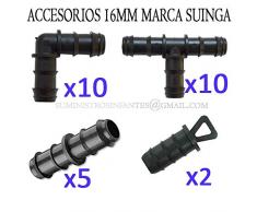 Pack RIEGO POR GOTEO 16MM: 10 te + 10 codo + 5 enlace + 2 tapón.Color negro. Marca Suinga registrada.
