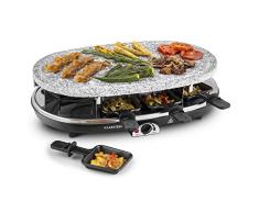 Klarstein All-U-Can Steaklette Raclette - Parrilla de mesa, Barbacoa-Party, 1500W, regulador de temperatura, Plancha de granito, Crepera, plancha para tortitas, 8 mini-sartenes, Negro-plateado