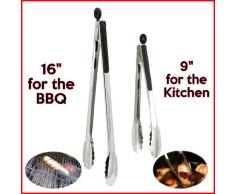 Dos negros con mango de acero inoxidable con cerradura para comida pinzas de utensilios de cocina. One x 40,64 cm pinzas, ideal para el para barbacoa o función Grill y en One x 22,86 cm pinzas ideal para cocina.