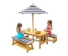 KidKraft 106 Juego de mesa y 2 bancos de madera para niños con sombrilla y cojines, muebles para jardín y exterior al aire libre - Rayas azul marino y blancas