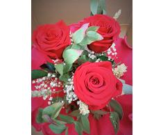 Almaflor Ramo de Rosas eternas Naturales Color Rojo Light. Gratis TU ENVÍO Prime. Ramo de Tres Rosas preservadas Naturales Rojas, Decorado con Verdes y Flores secas. Hecho en España.