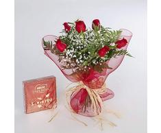 REGALAUNAFLOR-Ramo de 6 rosas rojas naturales y bombones FLORES FRESCAS-ENTREGA EN 24 HORAS DE LUNES A SABADO.
