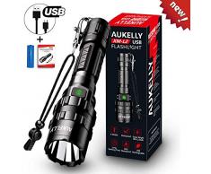AUKELLY LED Linternas Recargable Linterna L2 Tactica Linterna Alta Potencia,con 5 Modos,Alta Potencia LED Linternas Camping, USB Linterna LED Recargable Linterna para Ciclismo, Con 18650 Batería