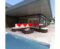 vidaXL Set Muebles de Jardín 27 Pzs Poly Ratán Marrón Cojines Blancos y Rojos