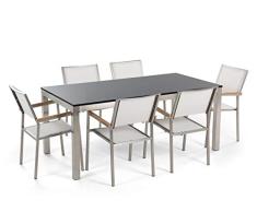 Mesa de jardín de Acero Inoxidable – Bandeja Individual de Granito Pulido de 180 cm con 6 sillas de Tela Blanca