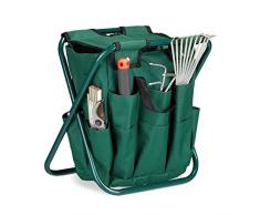 Relaxdays Taburete Jardín Plegable, Organizador Herramientas Jardinería, Poliéster-Acero, 1 Ud, 42 x 30 x 39 cm, Verde, 39 x 30 x 42 cm