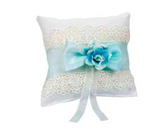 Elegante Cojín Artesanal Blanco con Flores, Encaje y Lazo Azul para Anillos de Boda. Complementos. Regalos Originales. Detalles de Bodas, Comuniones, Bautizos. CC