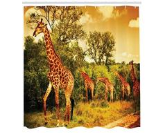 ABAKUHAUS Jirafa Cortina de Baño, Safari Africano Animales Caminando en el Bosque Sabana Tema Vida Salvaje, Tela Sintética Estampada Opaca Anthimoho Set con 12 Ganchos, 175 x 200 cm, Naranja Oscuro