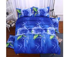 Chickwin Juego de Ropa de Cama 4 Piezas para Cama Funda de edredón 150 * 200cm Sábana 180 * 230cm Funda de Almohada 48 * 74cm poliéster Estilo 3D Rose (150 * 200cm+180X230cm+2x48x74cm, Rosa Azul)