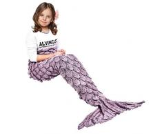 eCrazyBaby Hecho a Mano de Punto Manta de Cola de Sirena, Todas Las Estaciones cálido sofá Cama Sala de Estar Manta para niños, Patrón de Fish-Escalas, 140 x 70 cm, Morado Claro