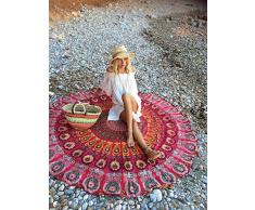 UrbanCharm Indian Meroon - Mantel redondo de algodón, toalla de playa, estampado de plumas de pavo real, estilo hippy bohemio, color rojo