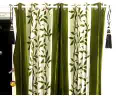 Cortina de color verde y crema con 8 ojales plateados, hecha a mano y cocida a mano desde India, 245x125cm/ 96"x50"pulgadas/8'x4'pies (Altura por Manga)