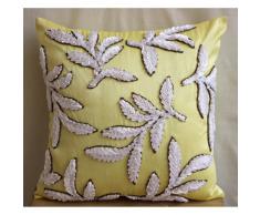 White Leaves - Decorativa Funda de Cojin 30 x 30 cm, Square Amarillo Seda Bordado con Cinta de Raso y Cuentas