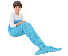 eCrazyBaby Manta de Cola de Sirena ponible, Todas Las Estaciones cálido sofá Cama Sala de Estar Manta De Punto De Ganchillo para niños, Classic Patrón, 140 x 70 cm, Azúl Claro