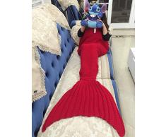 Hecho a mano de punto manta de cola de sirena todas las estaciones cálido sofá cama sala de estar manta para adultos, Patrón de Cola Grande, Rojo, 180 x 90cm