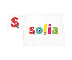 Feel Good Art brillante Mantel individual y posavasos para bebés y niños cute ilustraciones y personalizada con nombre de niña (Sofia)