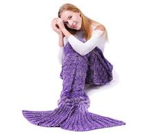 eCrazyBaby Hecho a Mano de Punto Manta de Cola de Sirena, Todas Las Estaciones cálido sofá Cama Sala de Estar Manta para niños y Adultos, Patrón de Fish-Escalas, 180 x 90 cm, Morado