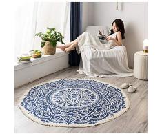 Sumshy Alfombra Redonda étnica en algodón y Lino - Alfombra Bohemia bellamente Estampada con borlas, Antideslizante/Fácil de Lavar Alfombra para Salon habitacion Pasillo Infantil Entrada Larga, φ90cm