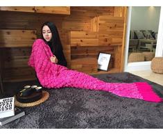 eCrazyBaby Hecho a Mano de Punto Manta de Cola de Sirena Todas Las Estaciones cálido sofá Cama Sala de Estar Manta para Adultos, Patrón de Escamas de Pescado con Borla, 180 x 90cm, Rojo