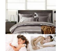 Funda De Edredón,Chickwin 3PC Satin Satén Funda nórdica Sábana Bajera y Fundas de Cama Ropa de Cama Cremallera Funda De Almohada Edredón De Cama Conjunto De Edredón Cubierta (Gray, Single (135*200cm))