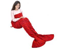 eCrazyBaby Hecho a Mano de Punto Manta de Cola de Sirena, Todas Las Estaciones cálido sofá Cama Sala de Estar Manta para niños y Adultos, Patrón de Fish-Escalas, 180 x 90 cm, Rojo