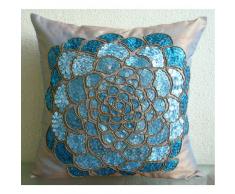 Wild Flower - Decorativa Funda de Cojin 40 x 40 cm, Square Azul Seda Cuentas y Lentejuelas con Textura