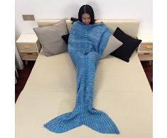 eCrazyBaby Hecho a Mano de Punto Manta de Cola de Sirena Todas Las Estaciones cálido sofá Cama Sala de Estar Manta para Niños y Adultos, Patrón de Onda, 180 x 90cm, Azúl Pavo Real