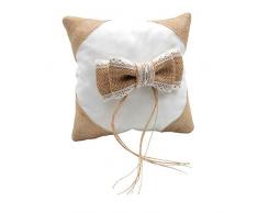 Elegante Cojín Artesanal Rústico de Yute y Encaje con Lazo para Anillos de Boda. Complementos. Regalos Originales. Detalles de Bodas, Comuniones, Bautizos. CC
