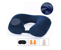Almohada de Viaje autoinflable Almohada en Forma de U portátil con Bolsa de cordón, Máscara para los Ojos, Auricular, 360 Grados para Proteger su Cuello, Cabeza, Barbilla (Dark Blue)