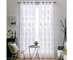 MIULEE 2 Piezas Cortinas Bordado Translucida de Dormitorio Moderno Ventana Visillos Rayas Salon Paneles con Ojales Plateados para Sala Cuarto Comedor Salon Cocina Habitación 140x225cm Hortensia Blanca