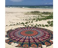 UrbanCharm Indian Meroon - Mantel redondo de algodón, toalla de playa, estampado de plumas de pavo real, estilo hippy bohemio