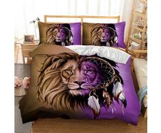 HNHDDZ Ropa de Cama Bohemia Atrapasueños 3D Animal Lobo León Marrón Púrpura Imprimiendo Funda nórdica Niño niña Ligero Poliéster Suave Transpirable (León,180x220 cm - Cama 105/90 cm)