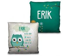 LolaPix Cojín Datos Bebé Personalizado con Nombre. Regalos Recién Nacido. Cojín Natalicio. Relleno Incluido. Varios diseños y tamaños a Elegir. Natalicio Búho