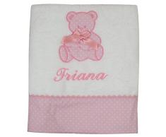Toalla de ducha para bebé BORDADA CON EL NOMBRE, Modelo osito rosa