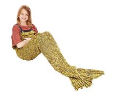 Ecrazybaby888 Hecho a Mano de Punto Manta de Cola de Sirena Todas Las Estaciones cálido sofá Cama Sala de Estar Manta para niño, Patrón Clásico con Encaje, Amarillo, 140 x 70cm