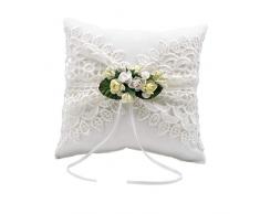 Elegante Cojín Artesanal Blanco con Encaje y Flores para Anillos de Boda. Complementos. Regalos Originales. Detalles de Bodas, Comuniones, Bautizos. CC