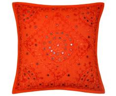 Indio Étnico hecho a mano cojín funda de almohada con bordado y espejo trabajo conjunto de 5, 43 x 43 cm (naranja)