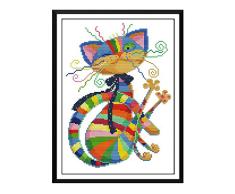 Proumhang 11 CT Kits de bordado DIY Mantel de punto de cruz para bordar 4 hilos Aida Canvas Impreso 32x42cm: Pequeño gato colorido