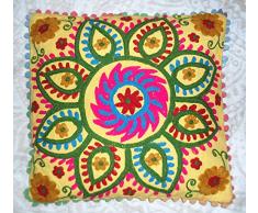 Funda de cojín tradicional de Jaipur Boho manta Suzani de 40 x 40 cm, funda de almohada decorativa, cojines de pompón indio para exteriores, fundas de almohada de bohemio