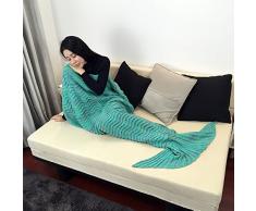eCrazyBaby Hecho a Mano de Punto Manta de Cola de Sirena Todas Las Estaciones cálido sofá Cama Sala de Estar Manta para Niños y Adultos, Patrón de Onda, 180 x 90cm, Verde