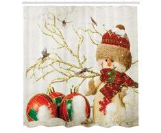 ABAKUHAUS Navidad Cortina de Baño, Muñeco de Nieve Estilo Desgastado Diseño con Accesorios Coloridos, Material Resistente al Agua Durable Estampa Digital, 175 x 200 cm, Blanco