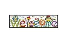 Proumhang 14 CT Kits de bordado DIY Mantel de punto de cruz para bordar 2 hilos Aida Canvas Blanco 58x17cm: Tres lechuzas+Welcome